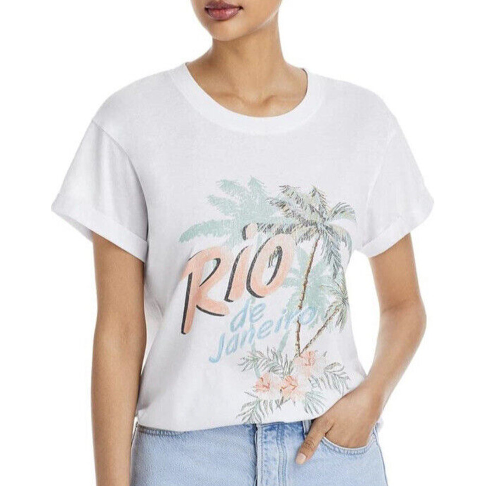 New Chaser Womans Small‎ Rio Graphic Cuffed Tee T-Shirt White NWT